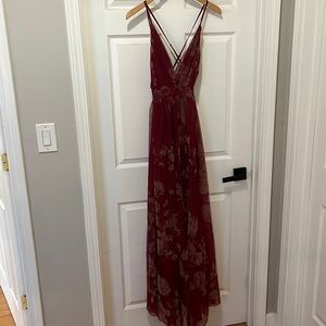 Ever After Floor Length Wine Colored Dress with beige Flower Details (SMALL)